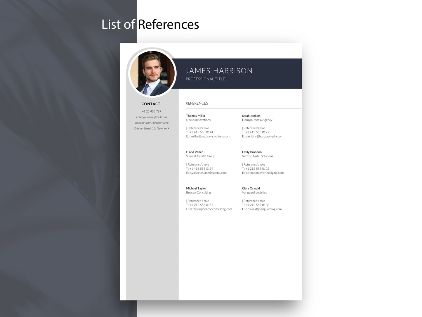 Referenzen Vorlage im modernen Business-Design, passend zur Lebenslauf Vorlage mit Foto und als Word & Canva Bewerbungsvorlage editierbar