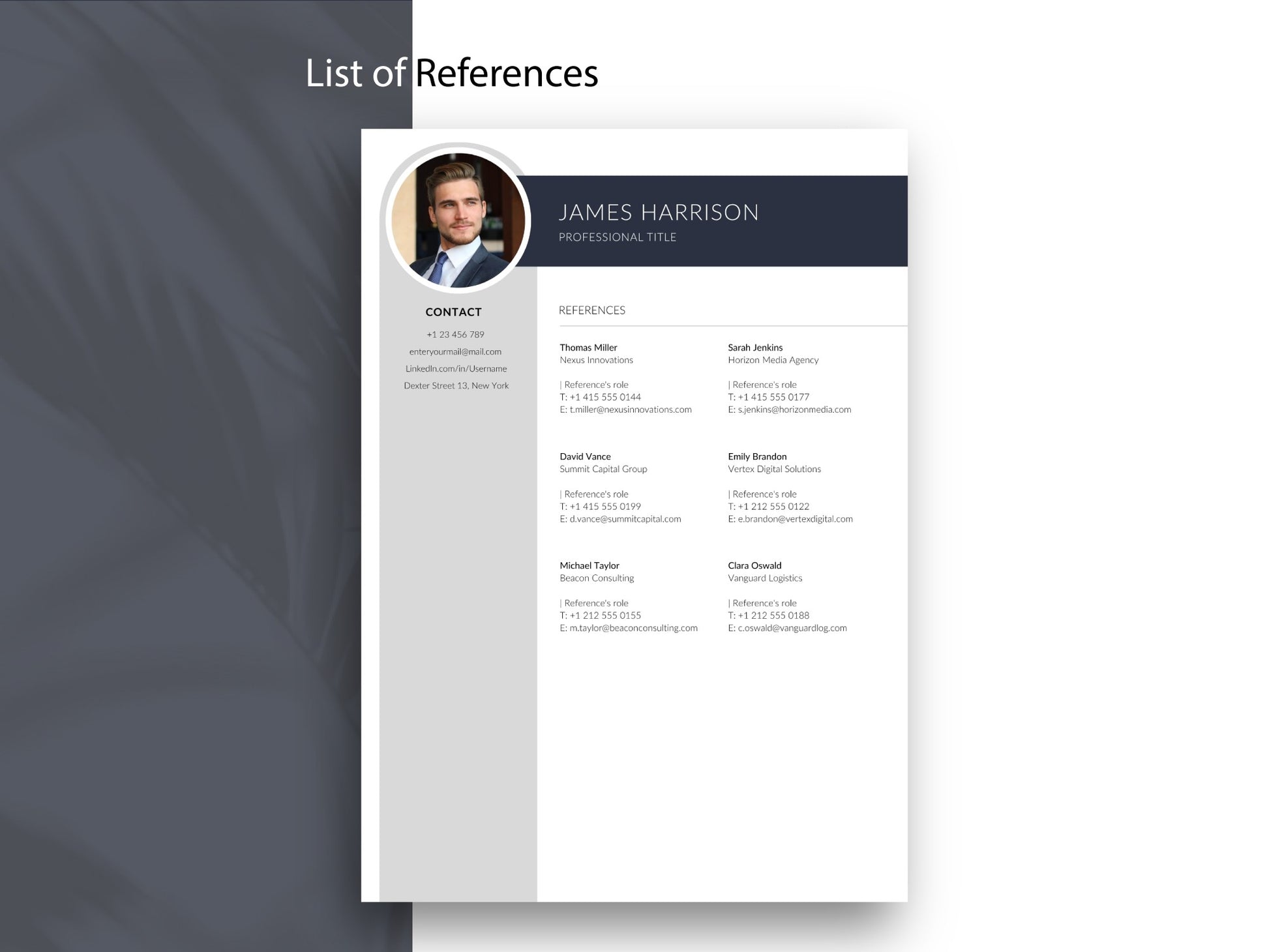 Referenzen Vorlage im modernen Business-Design, passend zur Lebenslauf Vorlage mit Foto und als Word & Canva Bewerbungsvorlage editierbar