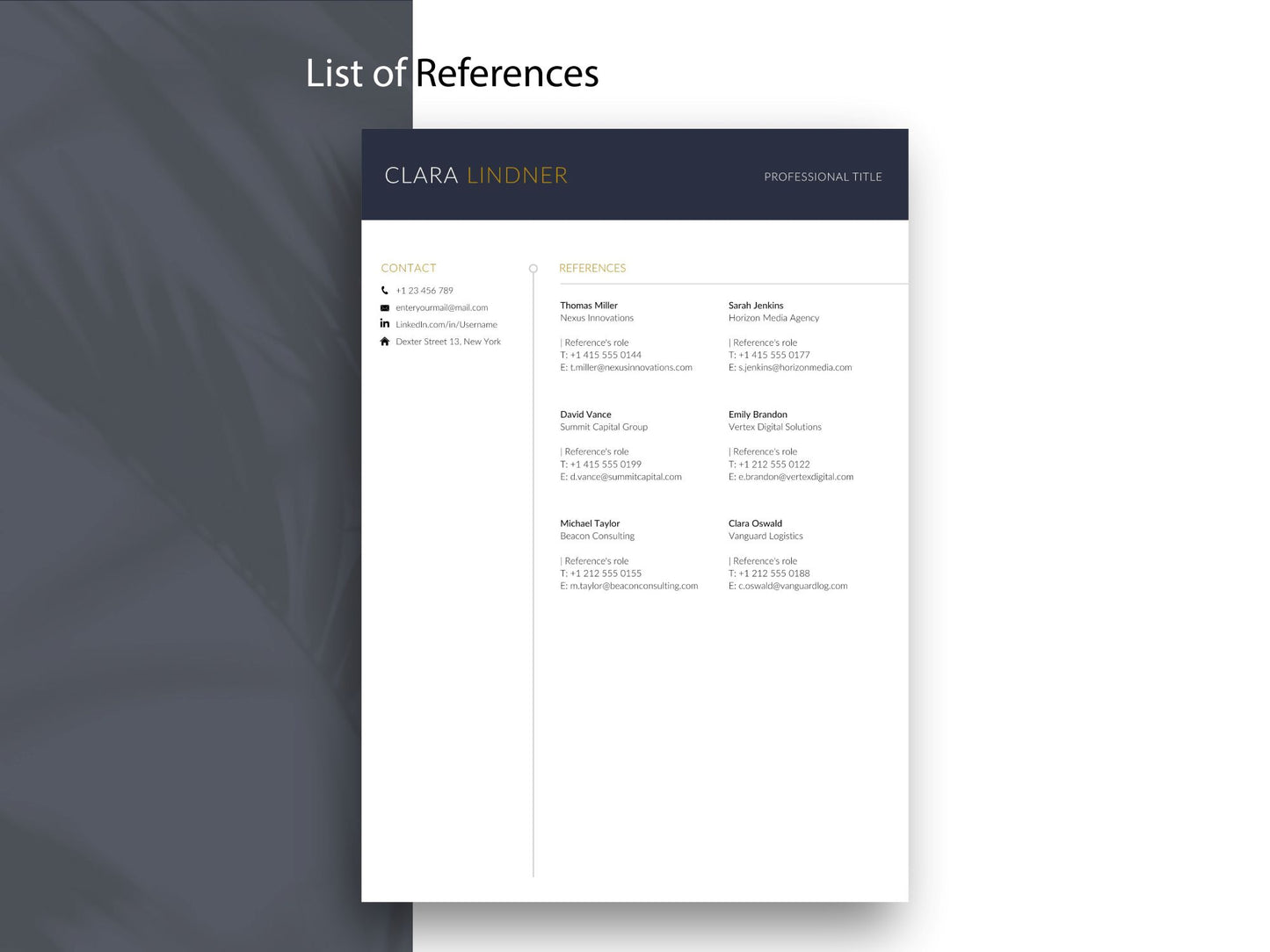 Referenzliste passend zur eleganten Lebenslauf Vorlage Word & Canva mit Kontaktbereich und professionellem Layout.