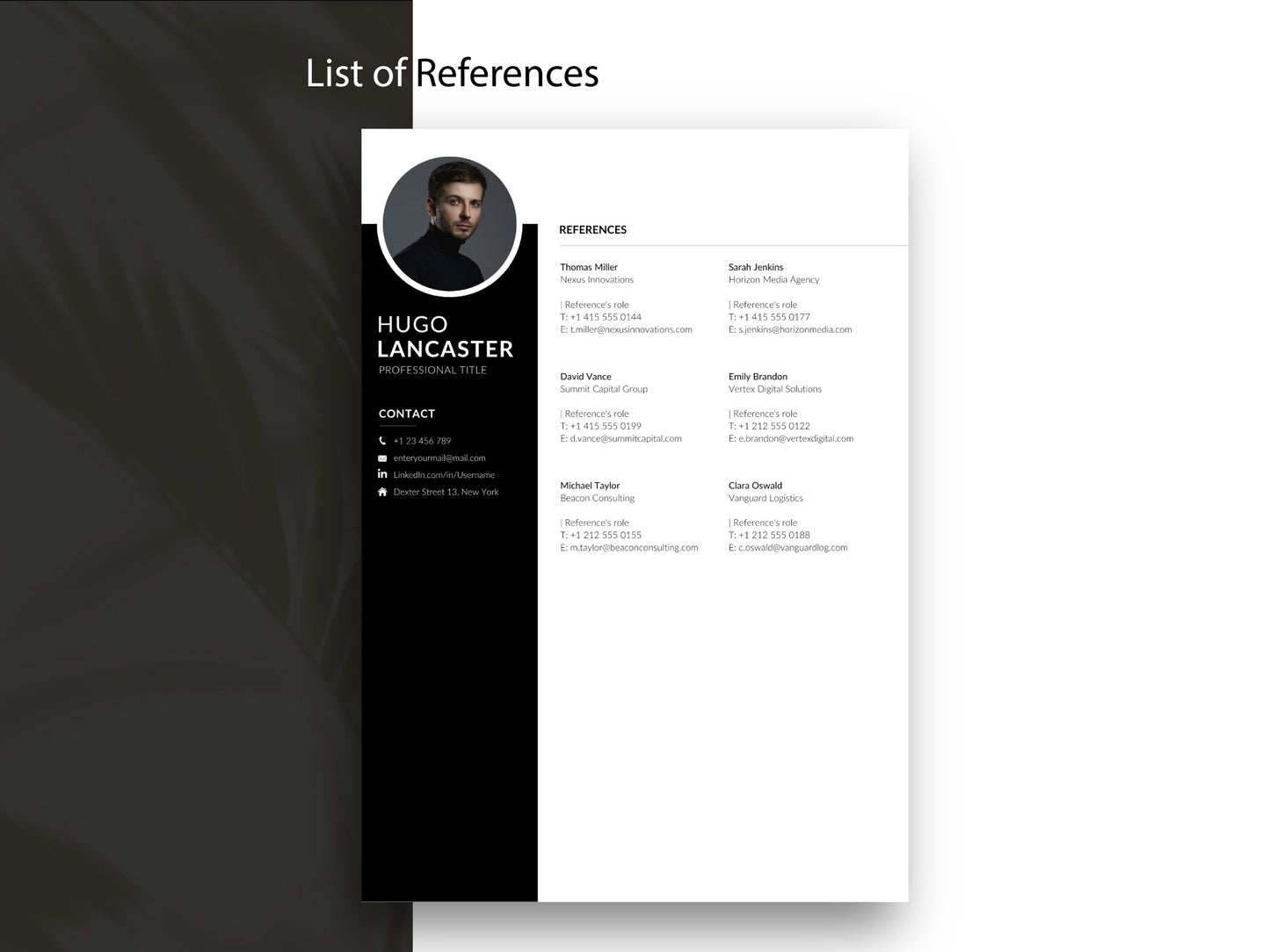 Referenzen Vorlage passend zur Lebenslauf Vorlage für Word und Canva, professionelle Bewerbungsvorlage mit übersichtlicher Darstellung von beruflichen Referenzen, Kontaktdaten und Empfehlungen.