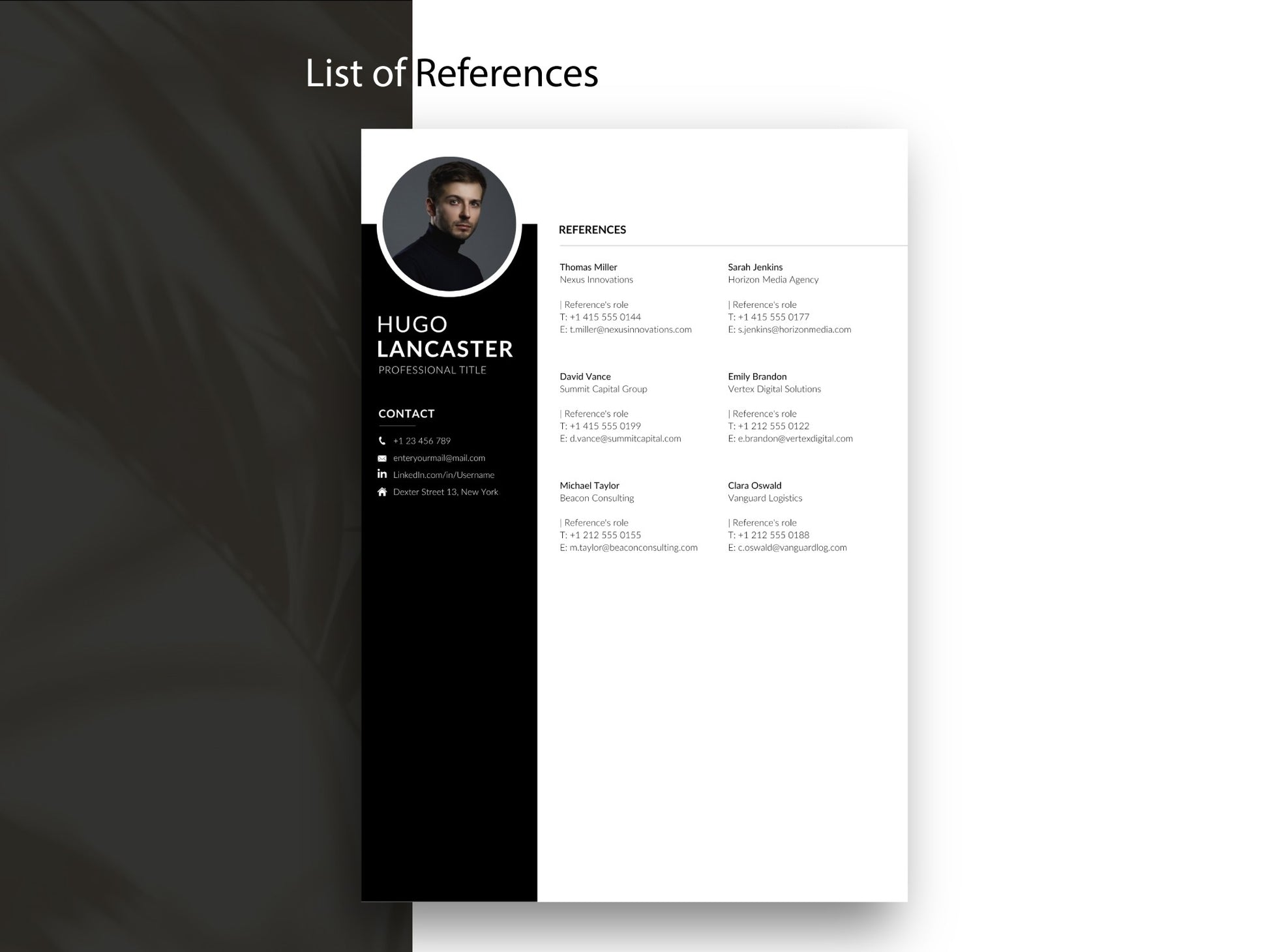 Referenzen Vorlage passend zur Lebenslauf Vorlage für Word und Canva, professionelle Bewerbungsvorlage mit übersichtlicher Darstellung von beruflichen Referenzen, Kontaktdaten und Empfehlungen.