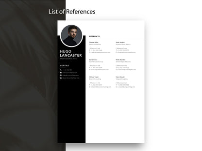 Referenzen Vorlage passend zur Lebenslauf Vorlage für Word und Canva, professionelle Bewerbungsvorlage mit übersichtlicher Darstellung von beruflichen Referenzen, Kontaktdaten und Empfehlungen.