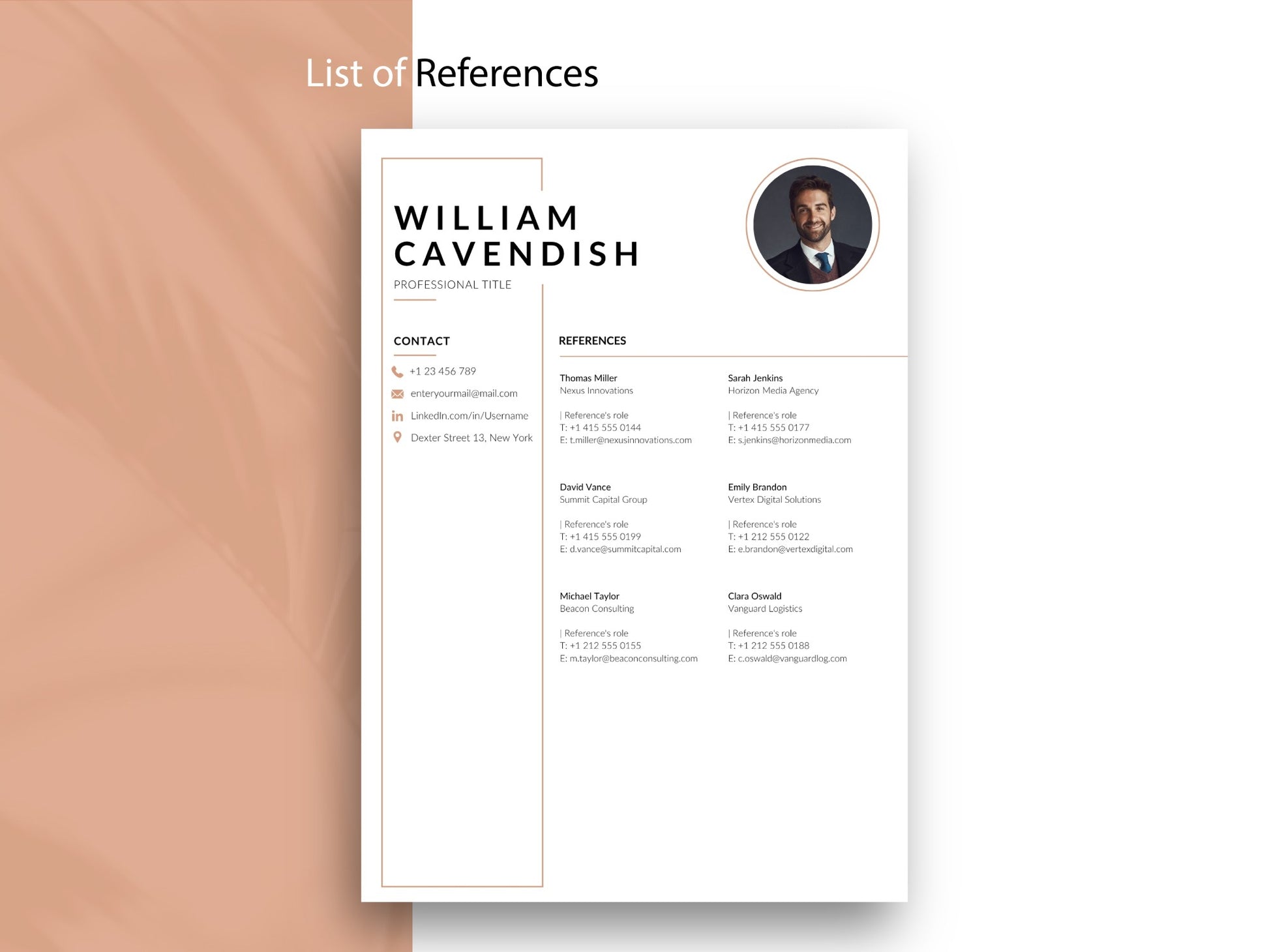 Elegante Lebenslauf Vorlage Word & Canva in Terracotta mit Referenzliste, Kontaktdaten und professioneller Übersicht für Empfehlungen und Kontakte | Louvion.de