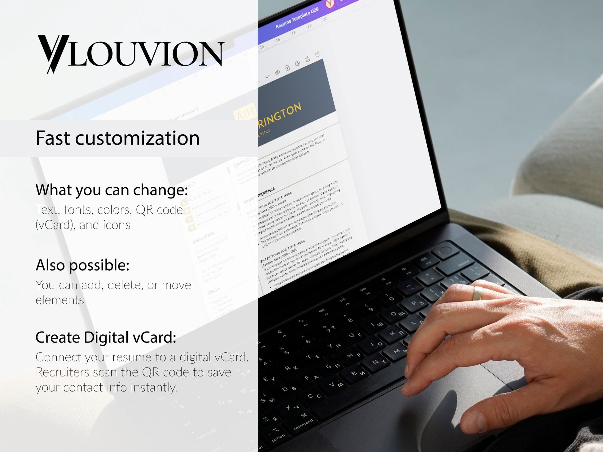 Laptop mit geöffneter Canva-Vorlage der Lebenslauf Vorlage in Dunkelblau-Gold zur individuellen Bearbeitung von Texten, Farben und QR-Code – Louvion.de