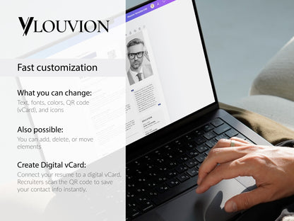 Laptop mit bearbeitbarer Lebenslauf Vorlage in Word & Canva zur individuellen Anpassung von Texten, Farben und QR-Code - Louvion.de