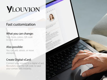 Moderne Beige Lebenslauf Vorlage Word & Canva auf Laptop mit individueller Anpassung von Farben, Schriftarten, Icons und QR-Code.