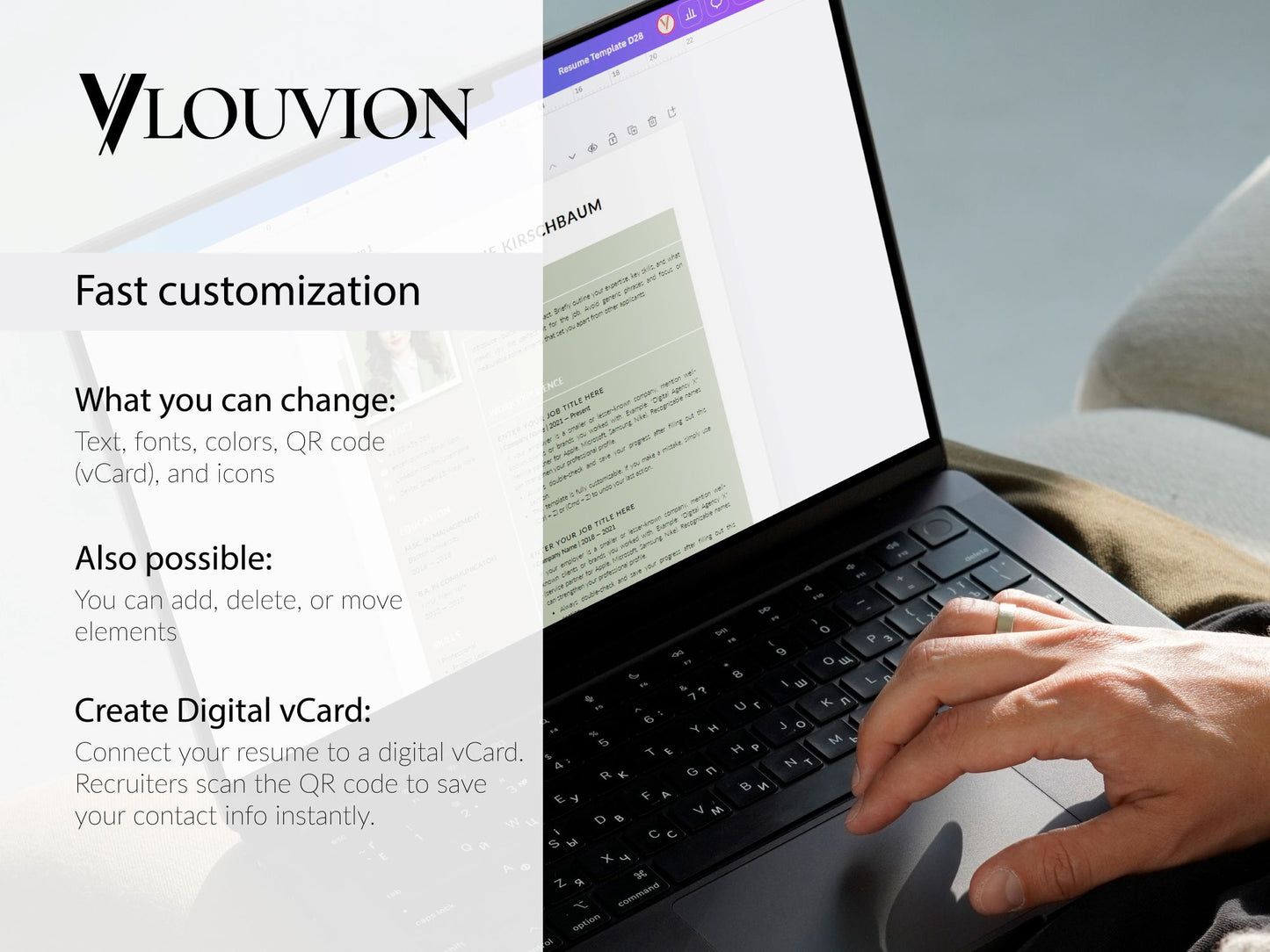 Bearbeitbare Lebenslauf Vorlage in Word & Canva mit QR-Code, vCard und individueller Anpassung von Farben und Schriften – Louvion.de