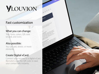 Word & Canva Bewerbungsvorlage zur schnellen Anpassung, mit bearbeitbarem Lebenslauf, Farben, Schriften, Icons und QR-Code vCard