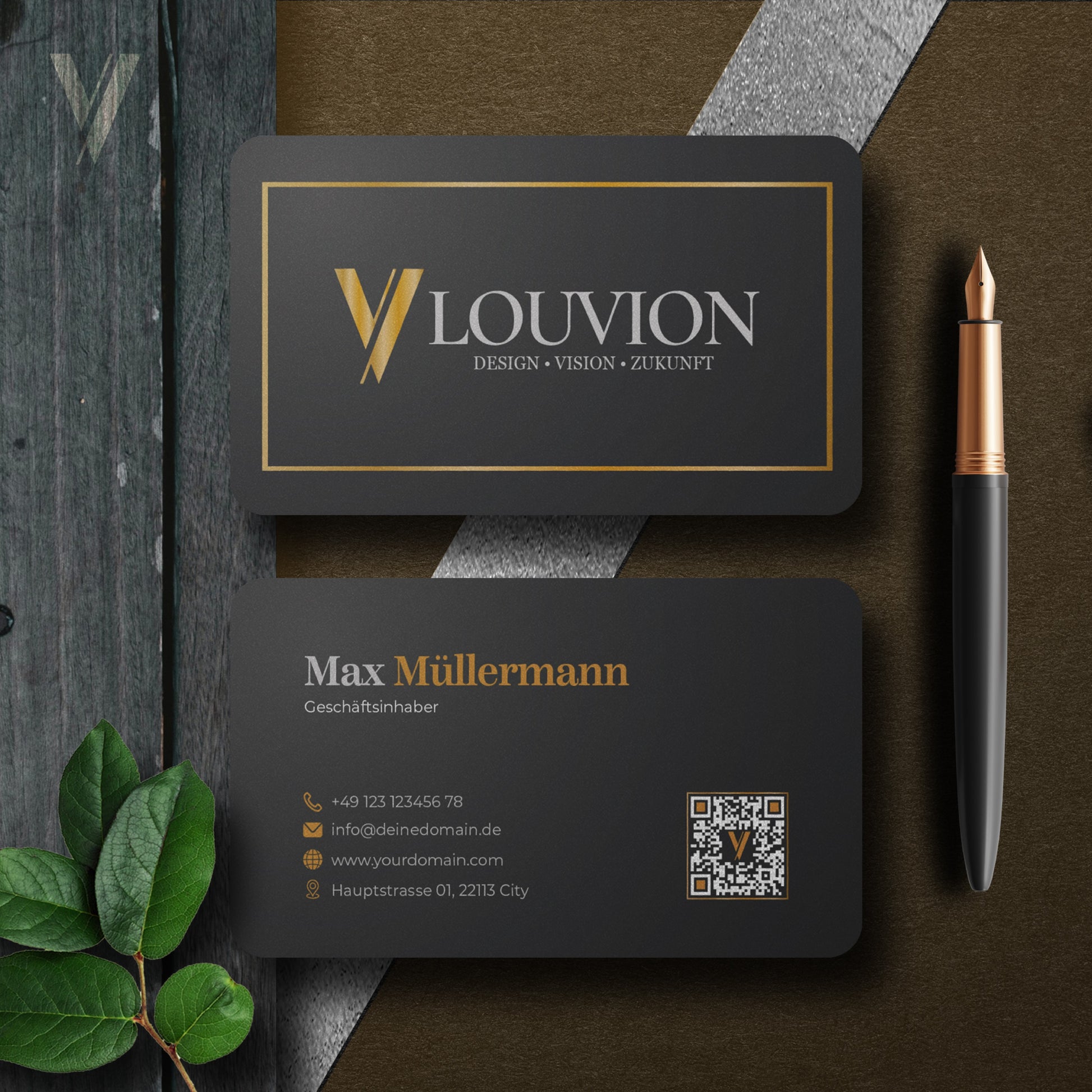 Visitenkarten DIY Set für Canva mit QR-Code und Social Media Icons im eleganten, schwarzen Business Branding Design.