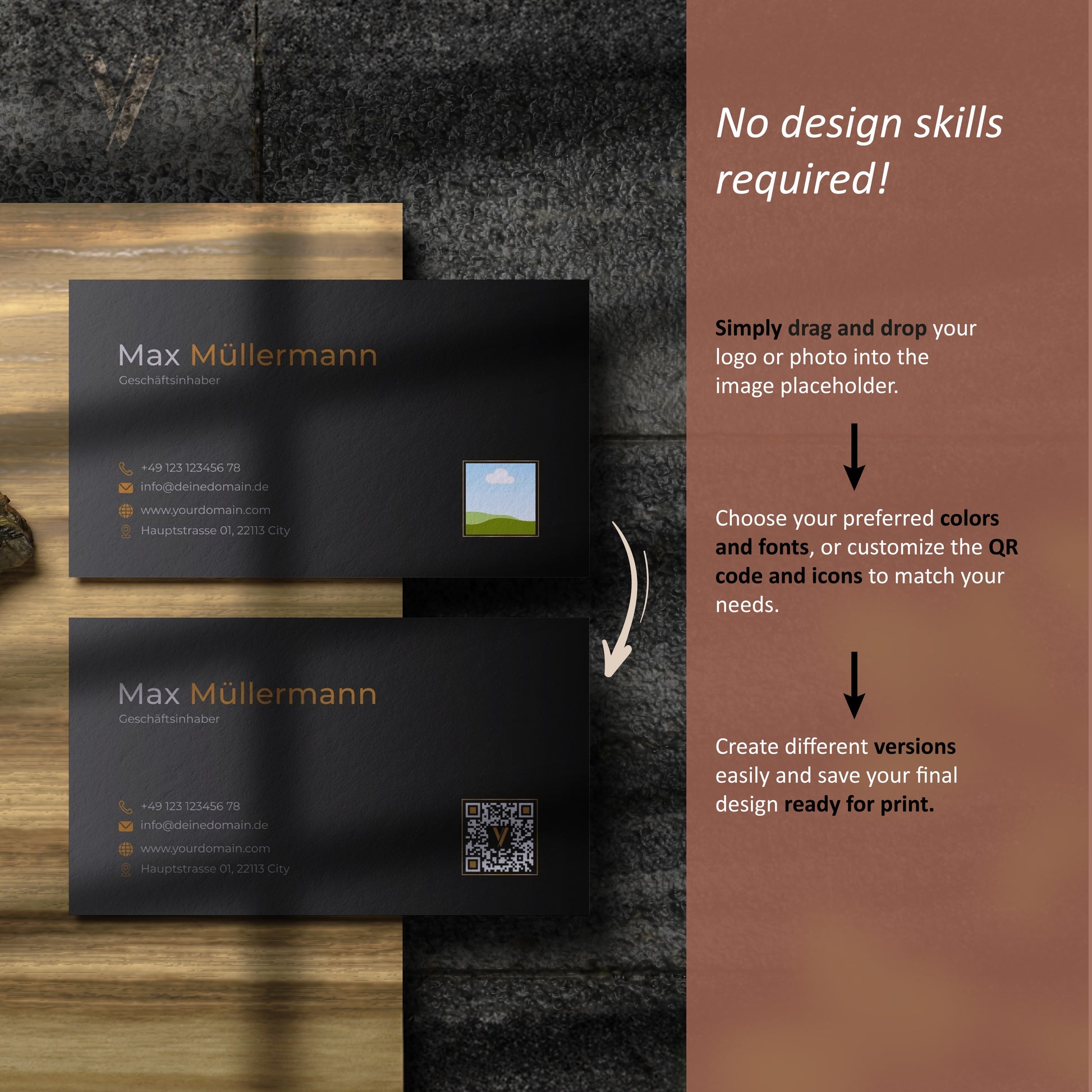 Visitenkarten DIY Set für Canva als digitaler Download mit QR-Code Generator und Social Media Icons zur einfachen Bearbeitung.