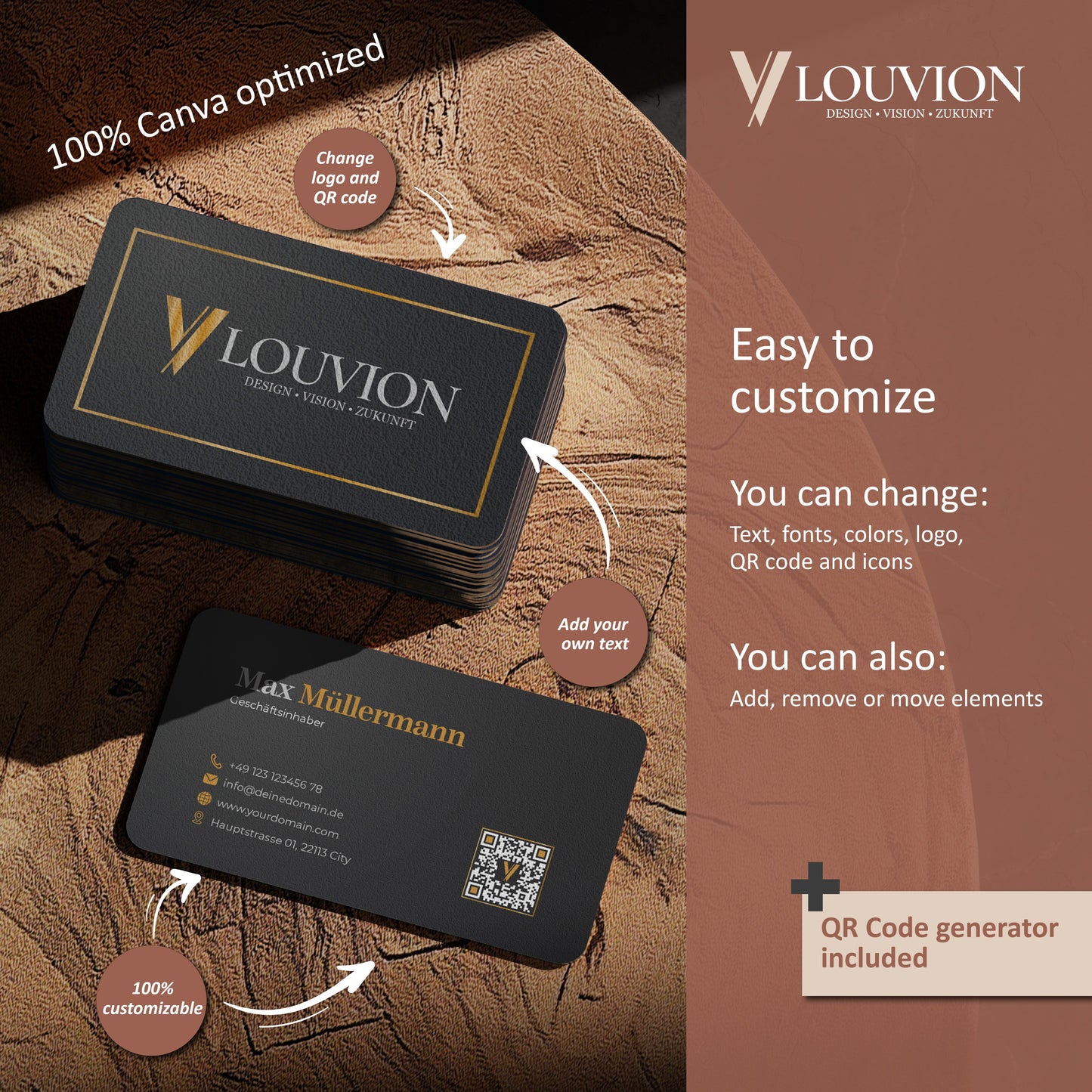 Visitenkarten DIY Set für Canva mit QR-Code Generator und Social Media Icons – einfach anpassbares Business Branding Kit.