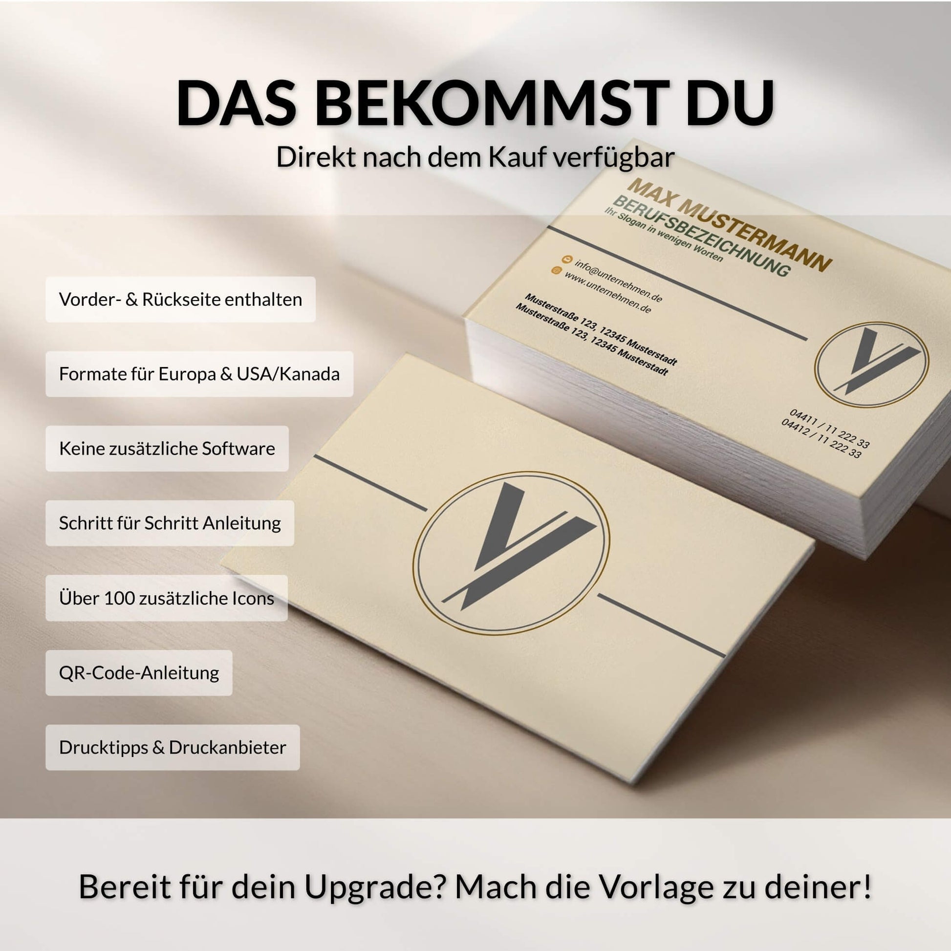 Lieferumfang der eleganten Visitenkarten Vorlage in Beige mit Vorder- und Rückseite, zwei Formaten sowie Anleitung für die Bearbeitung in Canva – Louvion.de