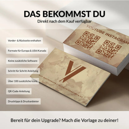 Boho Visitenkarten Vorlage in Beige mit Vorder- und Rückseite, QR-Code, Logo, zwei Formaten sowie Schritt-für-Schritt-Anleitung für Canva – Louvion.de