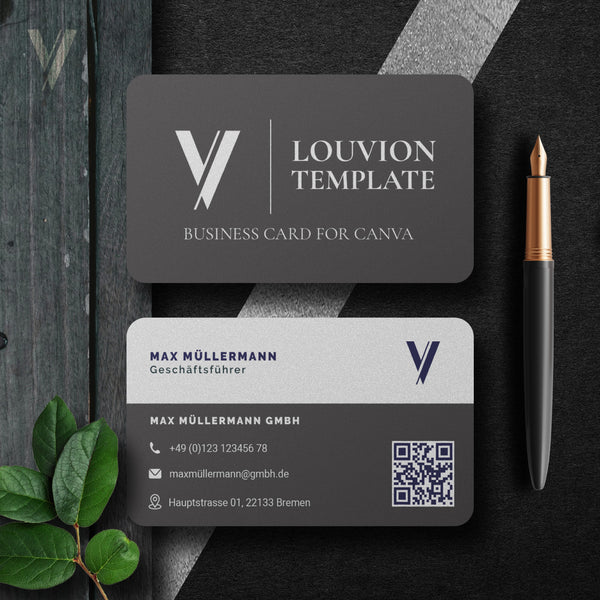 Dunkle Visitenkarten mit QR-Code Vorlage aus dem Canva Design Kit für professionelles Business Branding und DIY Mockups.