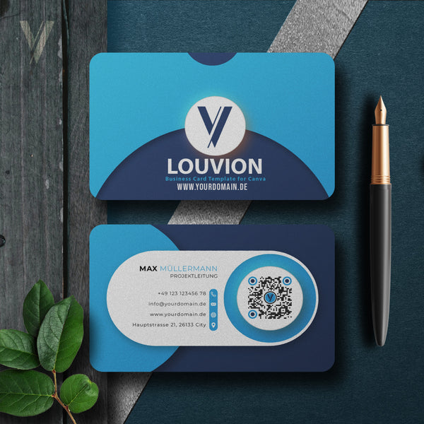 Editierbare Visitenkarten-Vorlage in Canva mit modernem Design, Social Media Icons und QR-Code für starkes Branding.