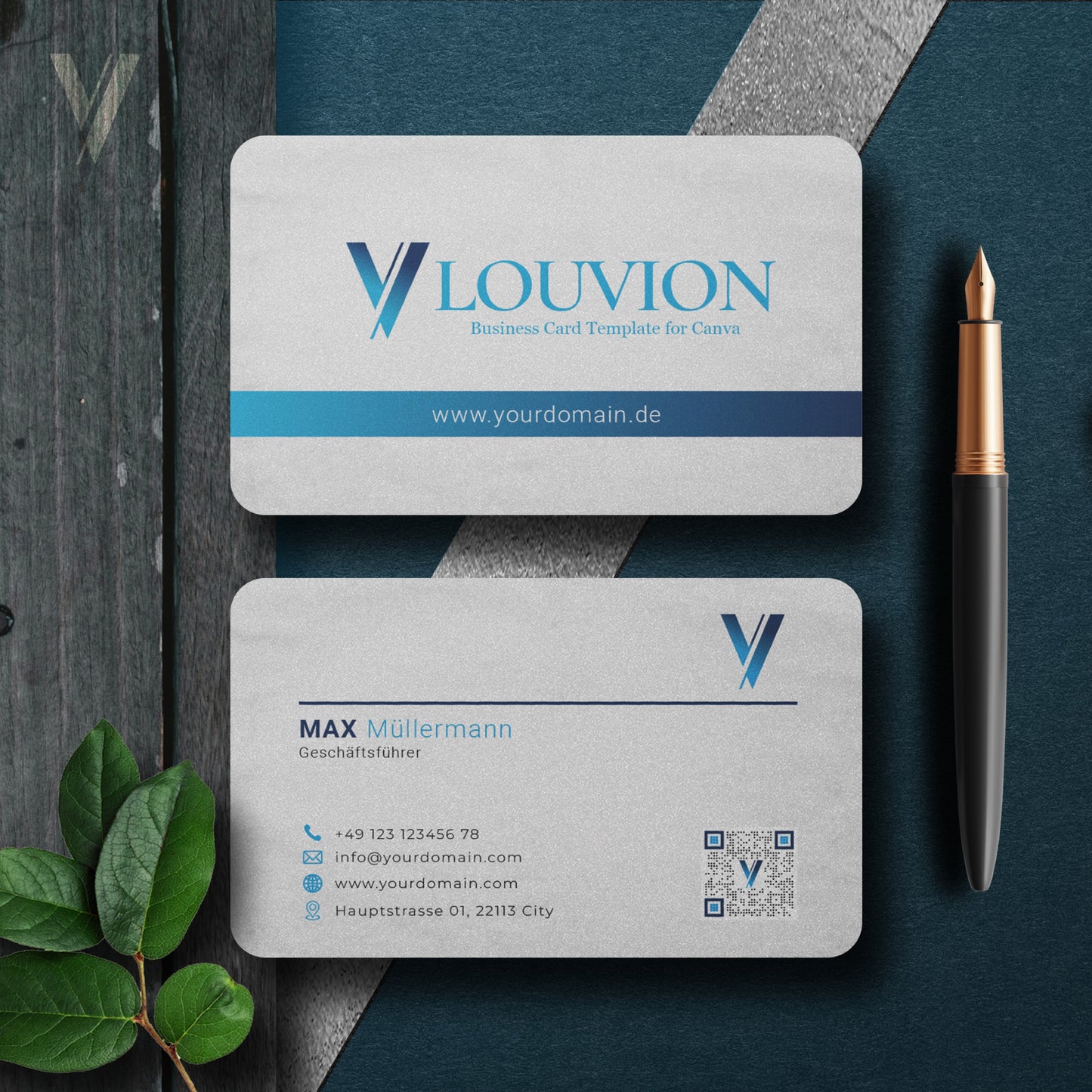 Editierbare Visitenkarten Design Vorlage für Canva mit Logo Branding Kit und Icons für moderne Business Startups.