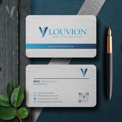 Editierbare Visitenkarten Design Vorlage für Canva mit Logo Branding Kit und Icons für moderne Business Startups.