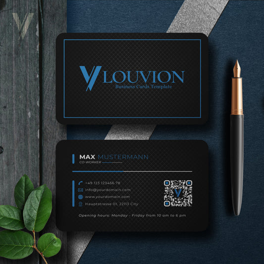 Personalisierte Visitenkarten-Vorlage für Startups mit Logo und QR-Code in edlem Schwarz-Blau zum digitalen Editieren.