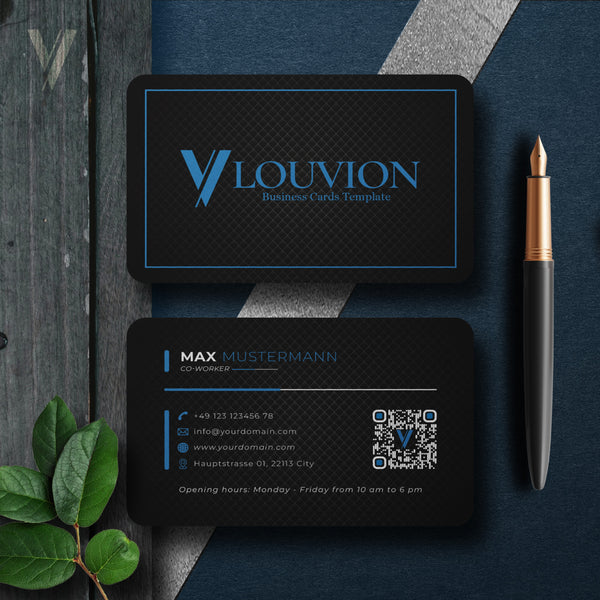 Personalisierte Visitenkarten-Vorlage für Startups mit Logo und QR-Code in edlem Schwarz-Blau zum digitalen Editieren.
