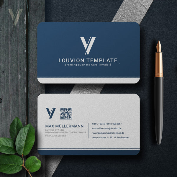 Professionelle Visitenkarten Canva Vorlage in Blau und Grau mit QR-Code und Logo für ein digitales Business Branding Kit.