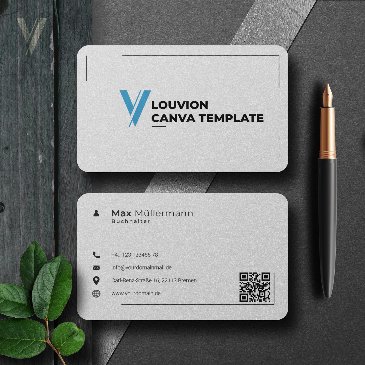 Minimalistisches Visitenkarten DIY Design als Canva Vorlage für Startups mit integriertem QR-Code und Business Branding Kit.