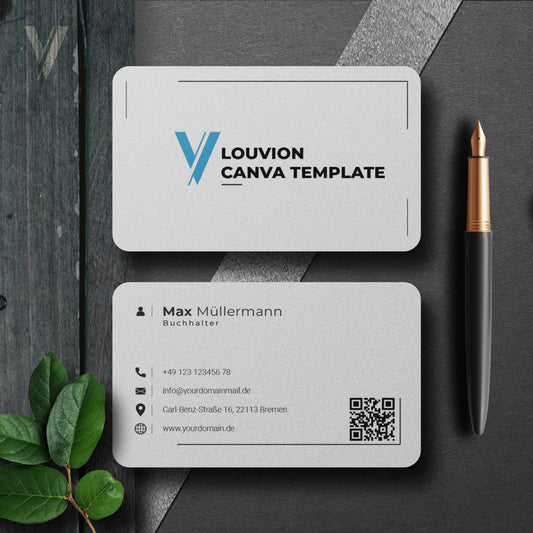 Minimalistisches Visitenkarten DIY Design als Canva Vorlage für Startups mit integriertem QR-Code und Business Branding Kit.