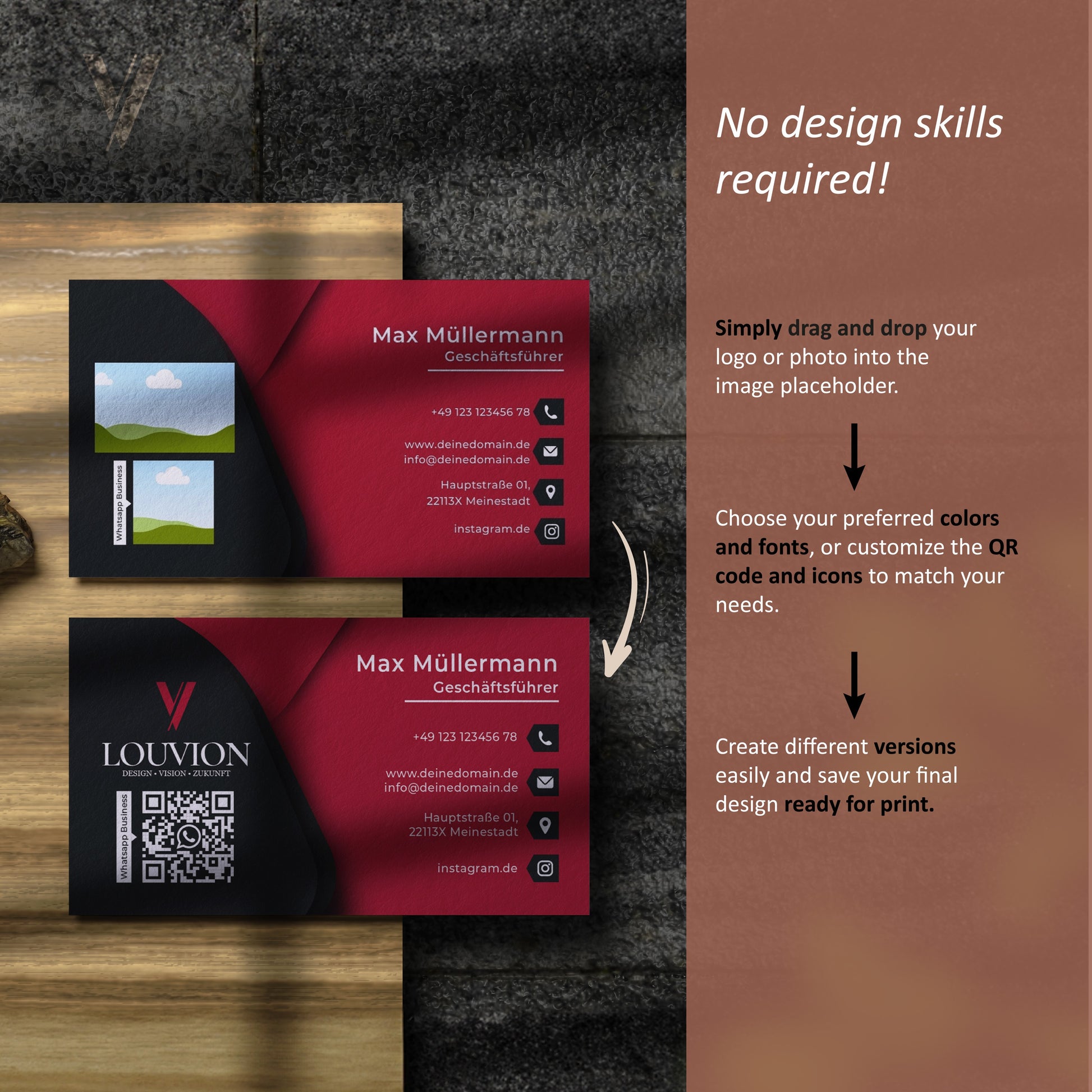 Professionelles Business Branding Kit Design mit QR-Code als Canva Vorlage für individuelle Visitenkarten zum Selbstgestalten.