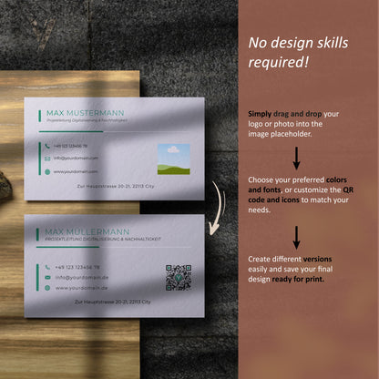 DIY Canva Template für personalisierte Visitenkarten mit QR-Code und Anleitung für einfaches Business Branding Design.