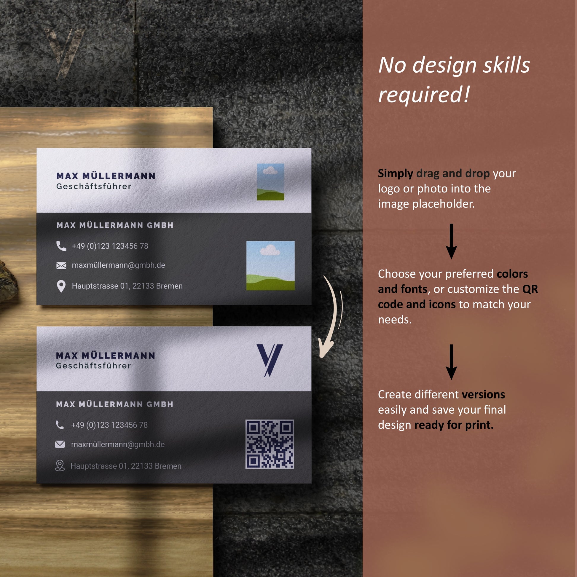 Canva Design Kit Anleitung für Visitenkarten mit QR-Code Vorlage zur einfachen Logo-Anpassung als digitaler Download.