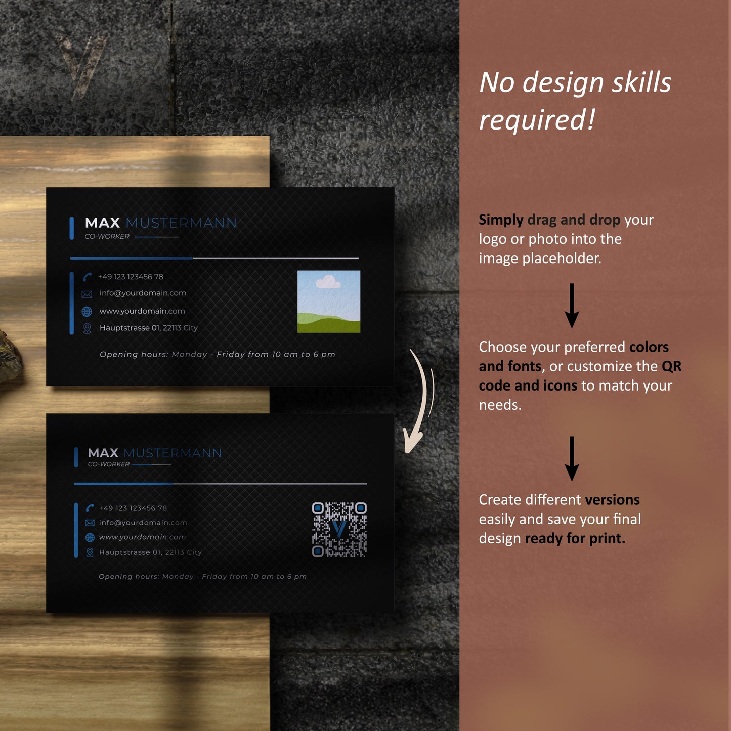 Digitale Canva Vorlage zum Editieren von Visitenkarten für Startups mit Logo-Platzhalter und QR-Code-Signatur-Option.