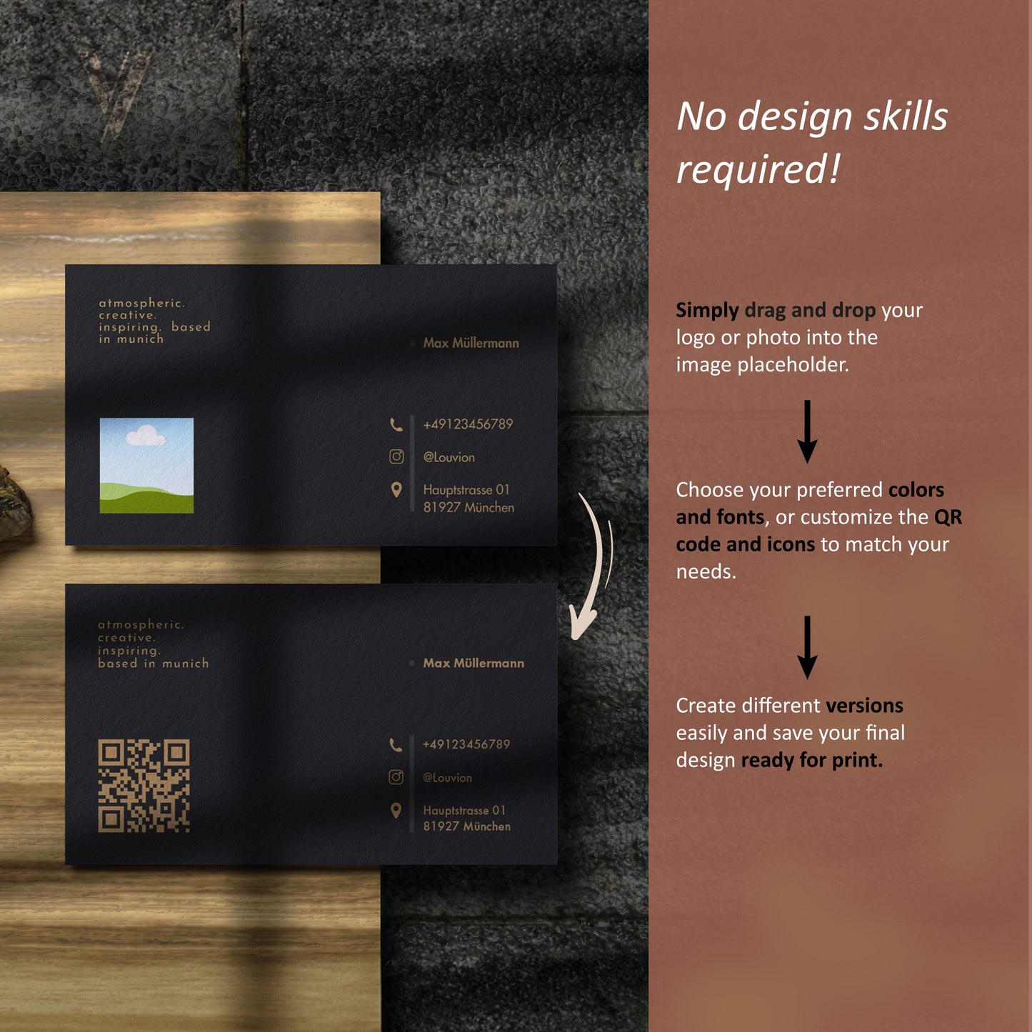 Personalisierte Canva Vorlage für Visitenkarten mit Anleitung zum Drag-and-Drop Branding Kit für schnelles Business Design.