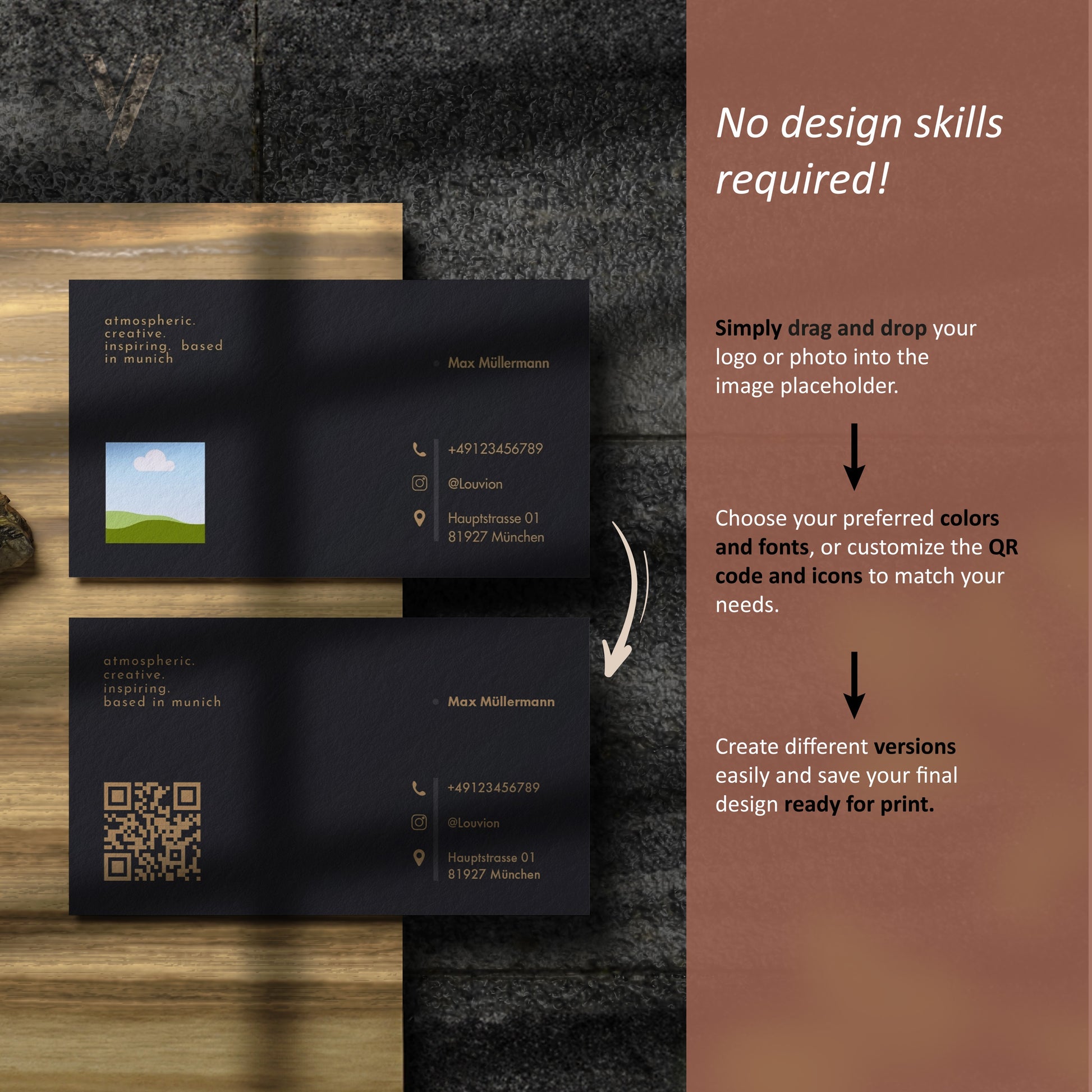 Personalisierte Canva Vorlage für Visitenkarten mit Anleitung zum Drag-and-Drop Branding Kit für schnelles Business Design.