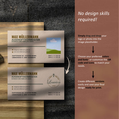 Personalisierbare Canva Vorlage für Visitenkarten mit QR-Code und Business Icons für ein individuelles Startup Branding DIY.