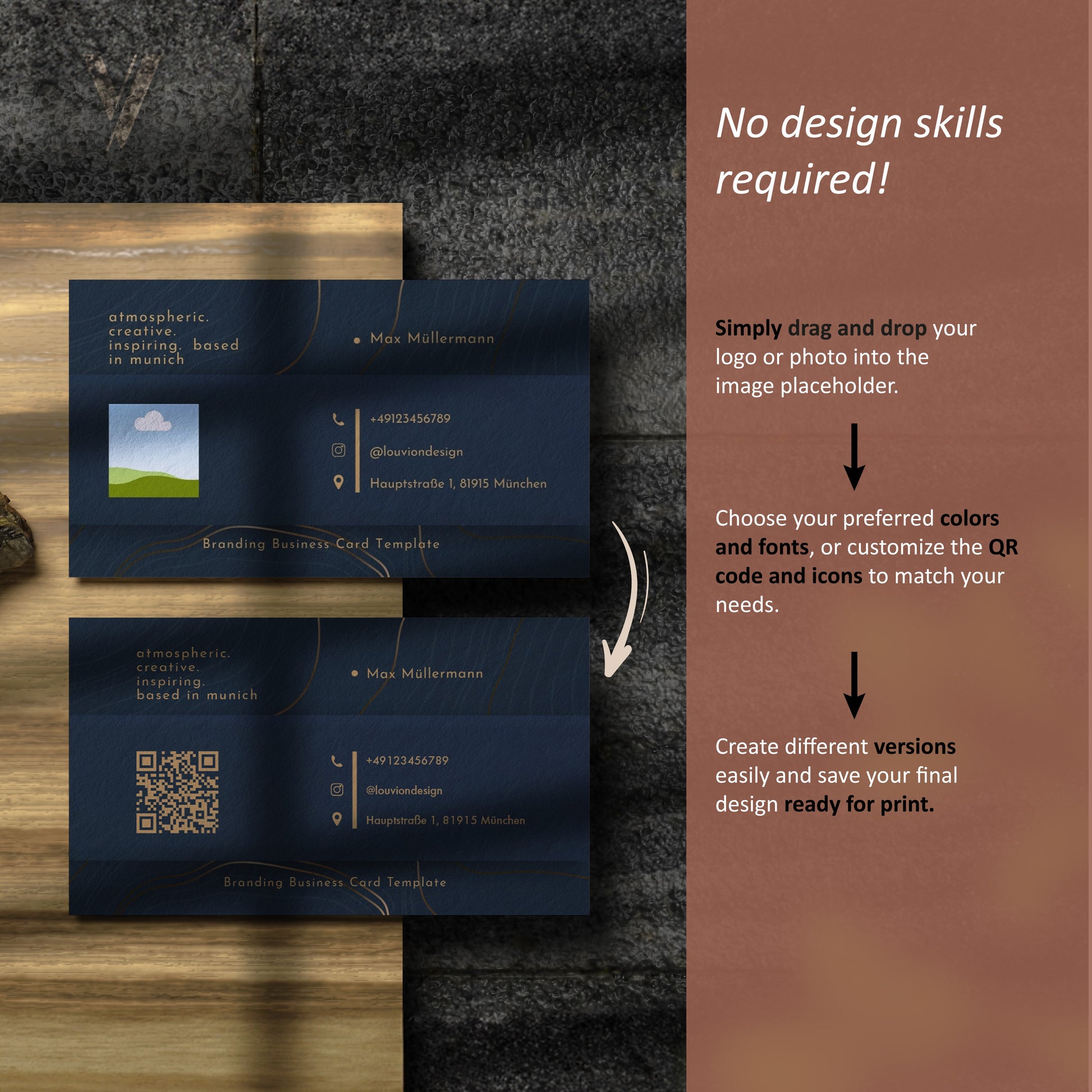 Bearbeitbare Canva Visitenkarten Vorlage mit Anleitung für QR-Code und Social Media Icons im digitalen Branding Set.