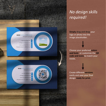 Editierbare Canva Visitenkarten Vorlage mit Platzhalter für Fotos und QR-Code für ein individuelles Branding Design.