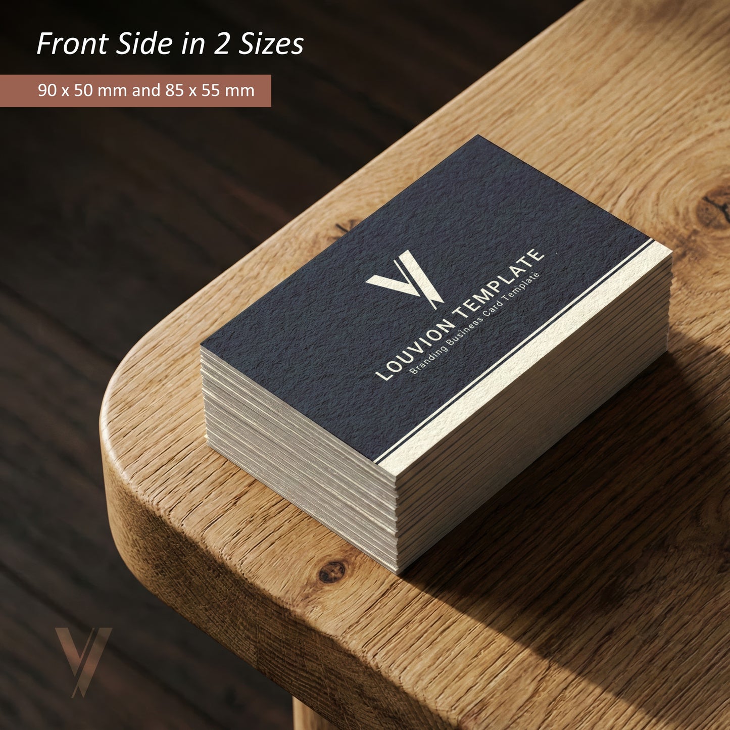 Dunkelblaue Visitenkarten Logo Item Design Vorlage in zwei Größen als professionelles Business Branding Kit zum Download.