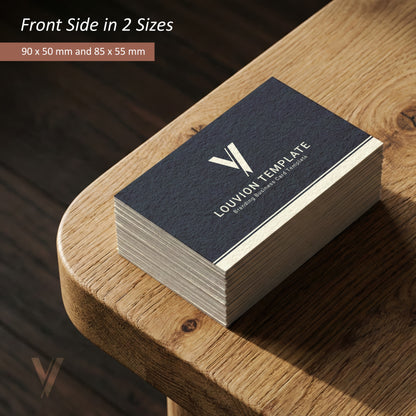 Dunkelblaue Visitenkarten Logo Item Design Vorlage in zwei Größen als professionelles Business Branding Kit zum Download.