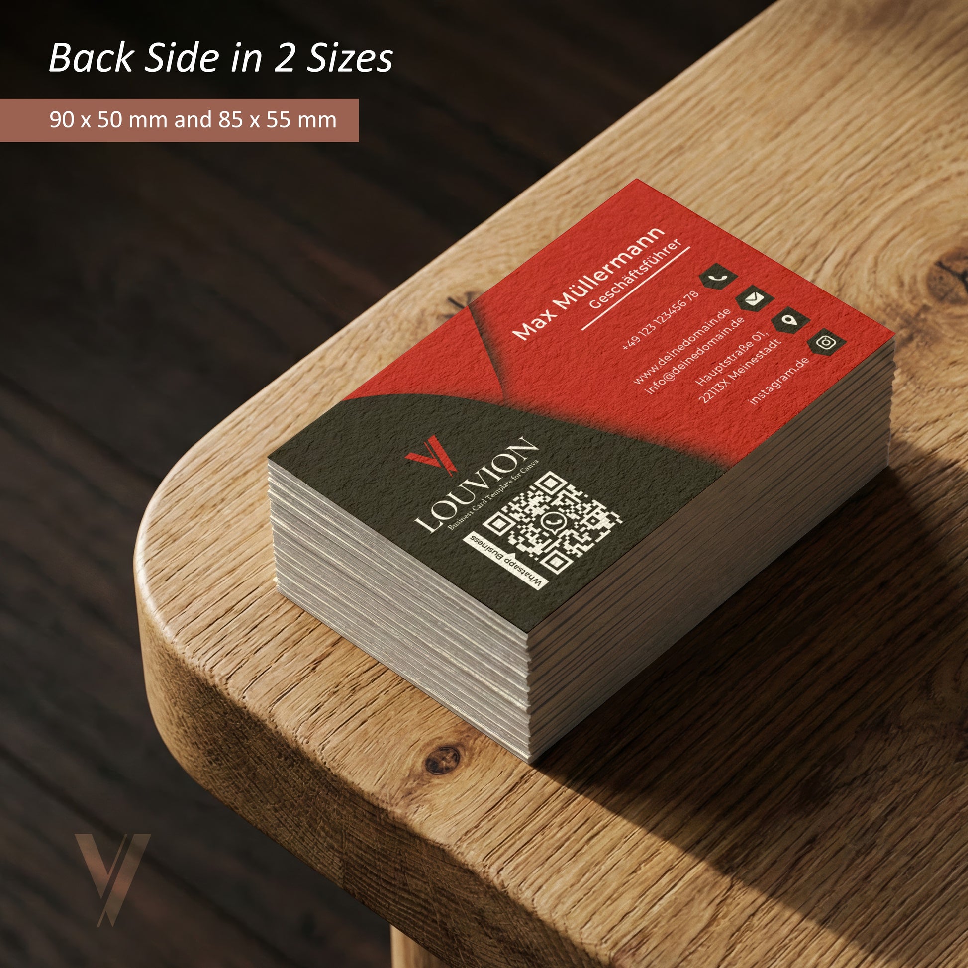 Visitenkarten Vorlage für Canva mit QR-Code Rückseite in zwei Größen für ein professionelles Business Branding Kit Design.
