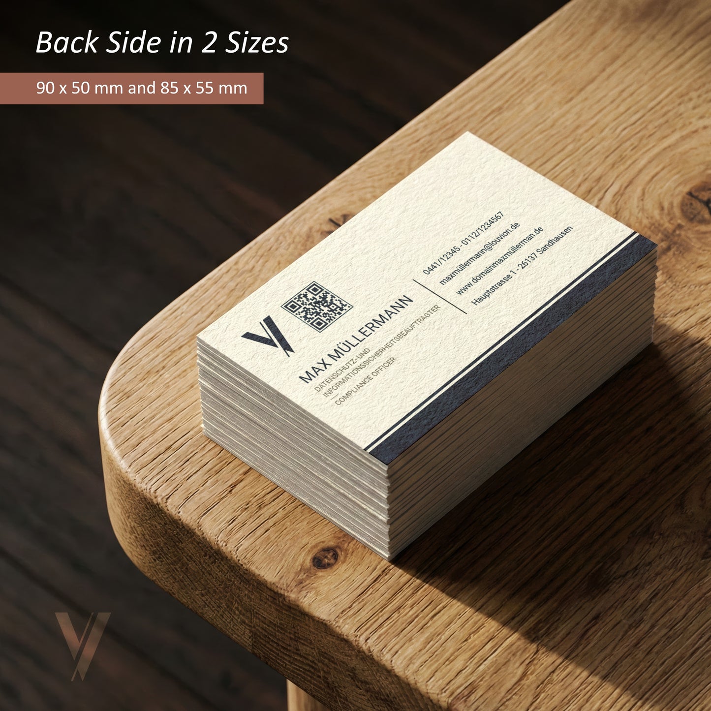 Rückseite der Visitenkarten Vorlage mit QR-Code und Icons in zwei Größen als digitaler DIY Download für Business Branding.