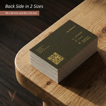 Rückseite der Visitenkarten Canva Vorlage mit QR-Code und Kontaktdaten als Business Design Mockup in zwei Druckgrößen.