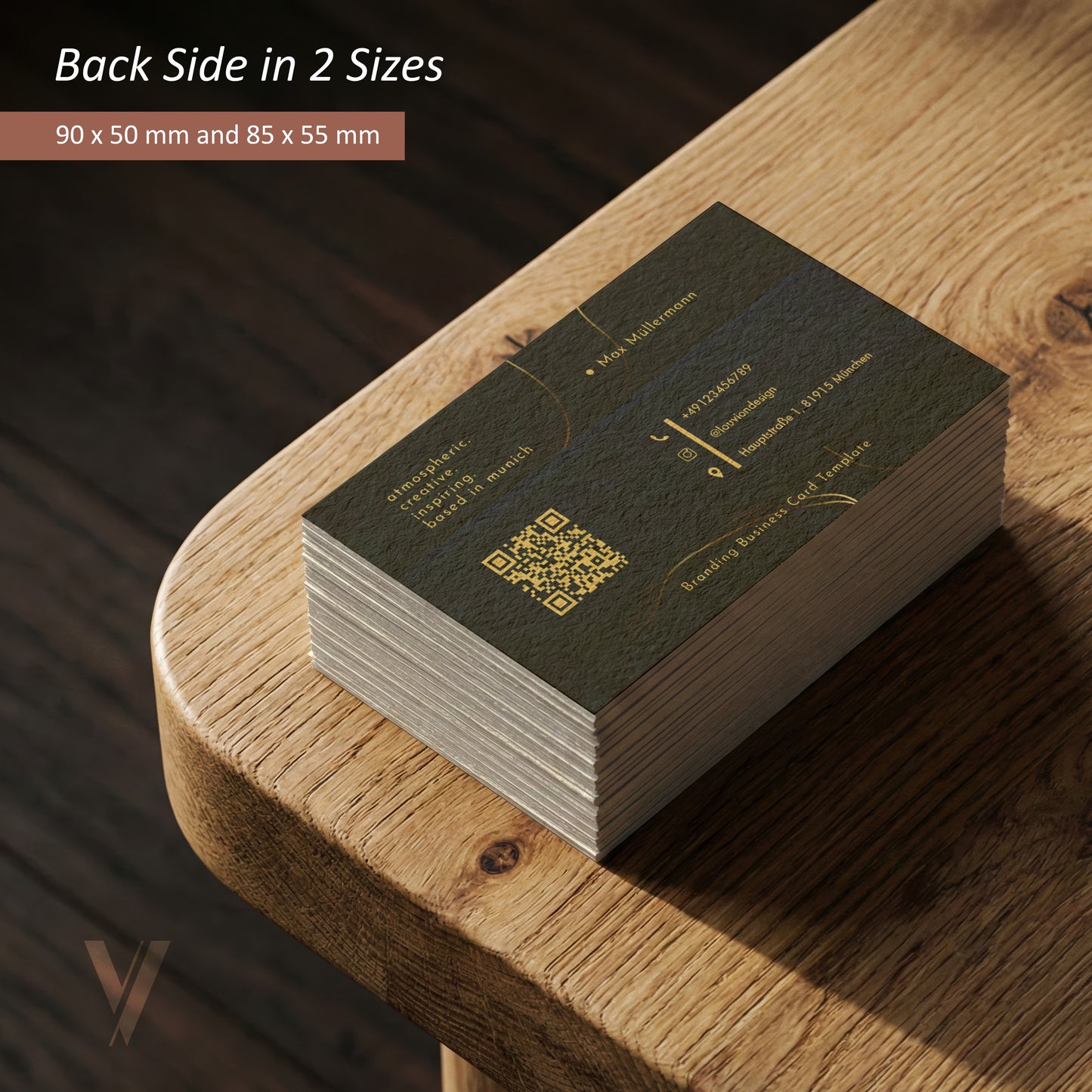 Rückseite der Visitenkarten Vorlage mit QR-Code und Social Media Icons in zwei Größen für ein Canva Branding Set.