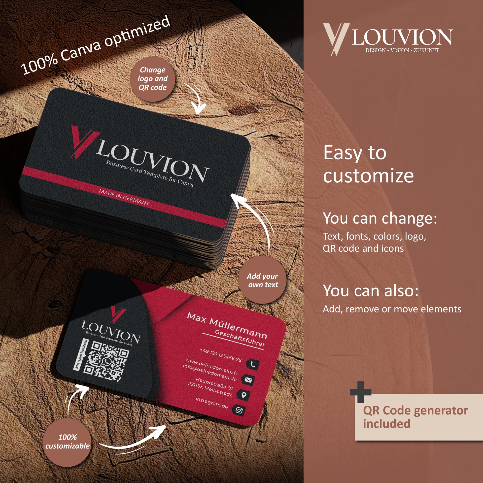 Professionelles Business Branding Kit Design als Canva Vorlage für Visitenkarten mit QR-Code zum einfachen Selbstgestalten.