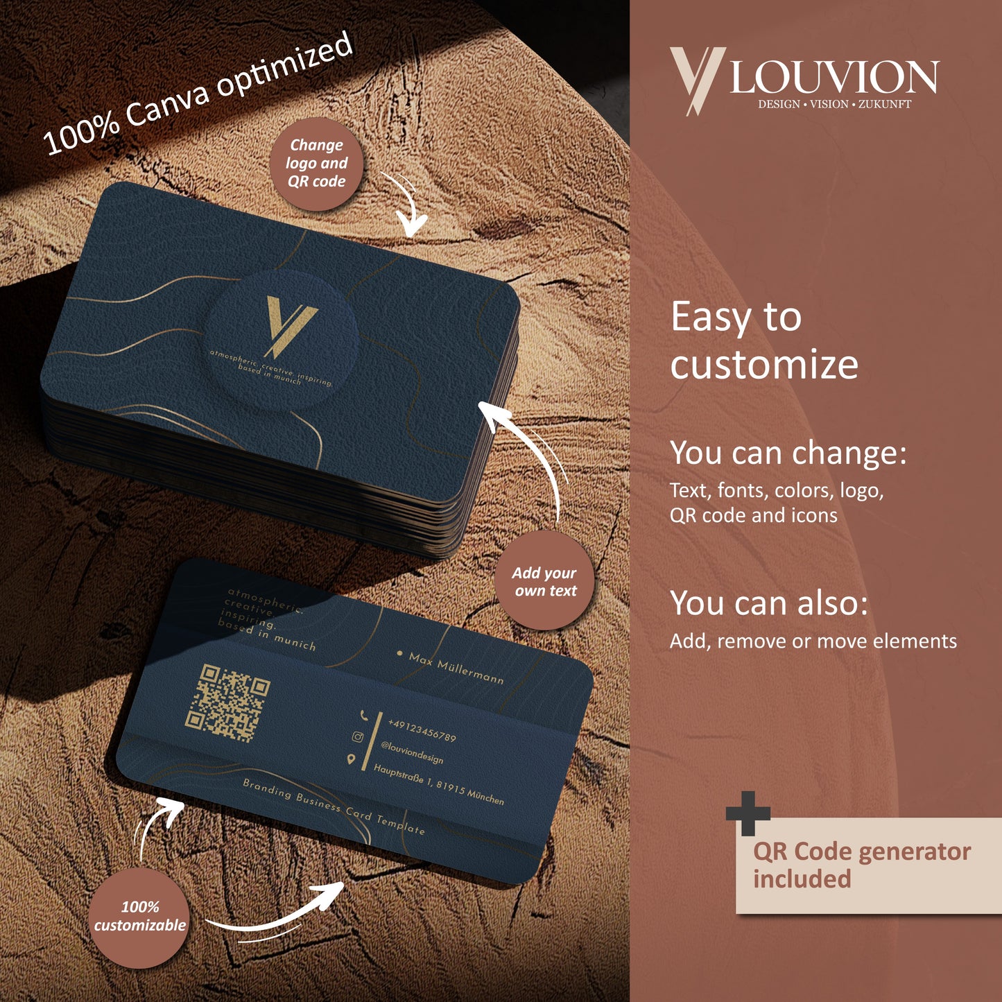 Anpassbares Visitenkarten Branding Set für Canva mit QR-Code Generator für ein individuelles Business Design.