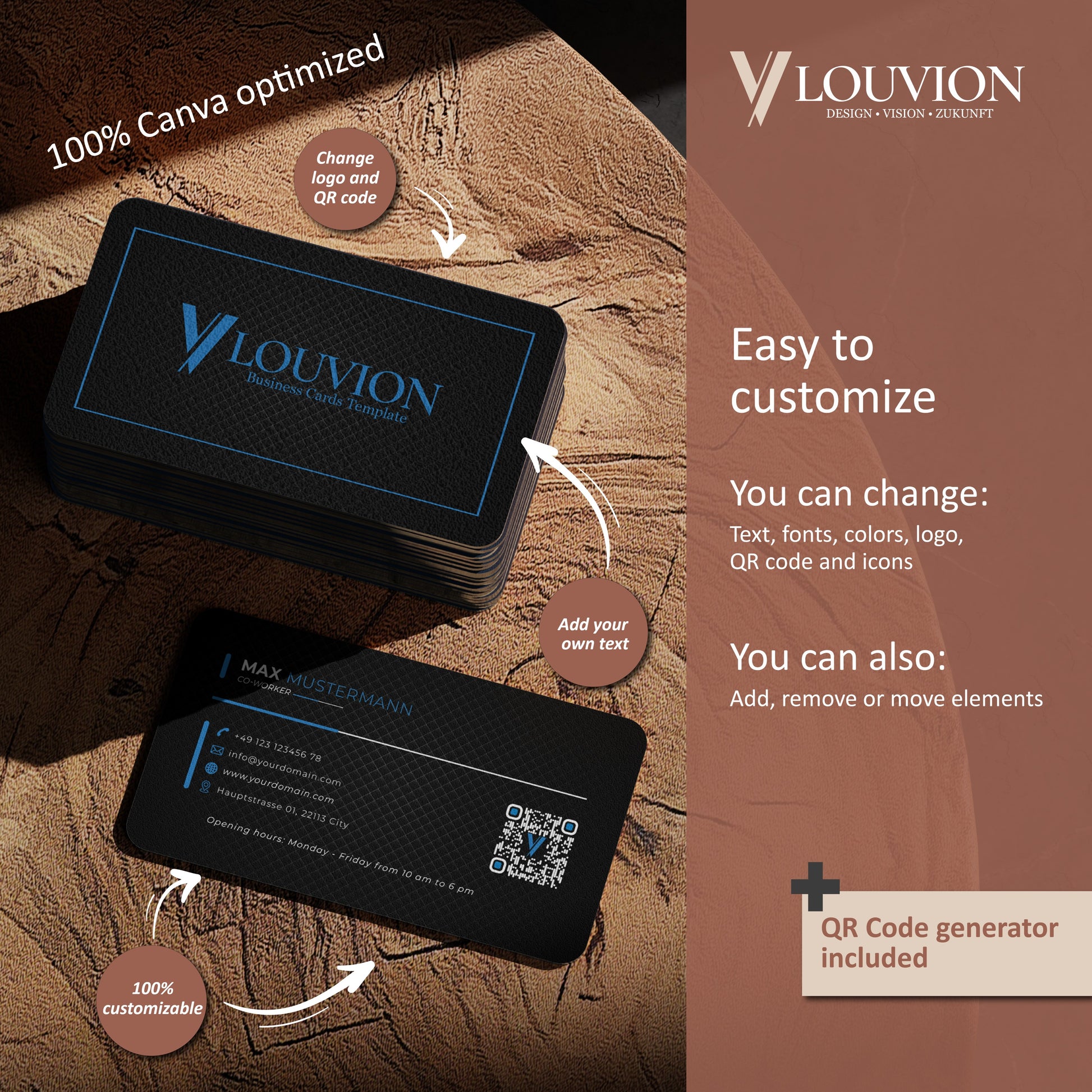 Visitenkarten personalisiert gestalten mit dieser Canva Vorlage inklusive QR-Code Sign und Logo Item für Startups.