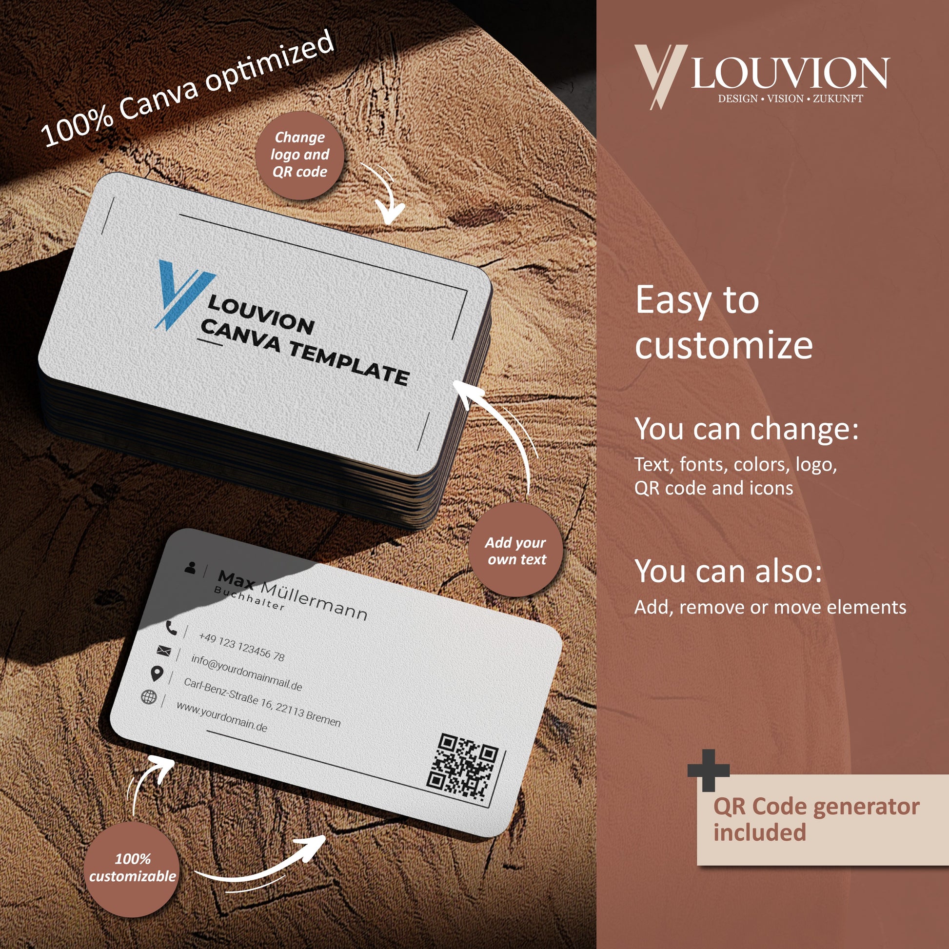 Canva DIY Vorlage für personalisierte Visitenkarten mit QR-Code Generator als Teil eines Business Branding Kits.