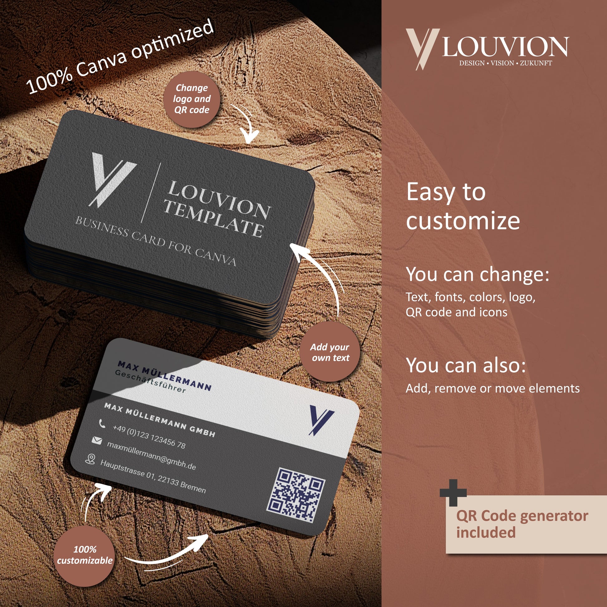 Canva Design Kit für Visitenkarten mit QR-Code Vorlage zur einfachen Logo-Anpassung und Business Branding Gestaltung.