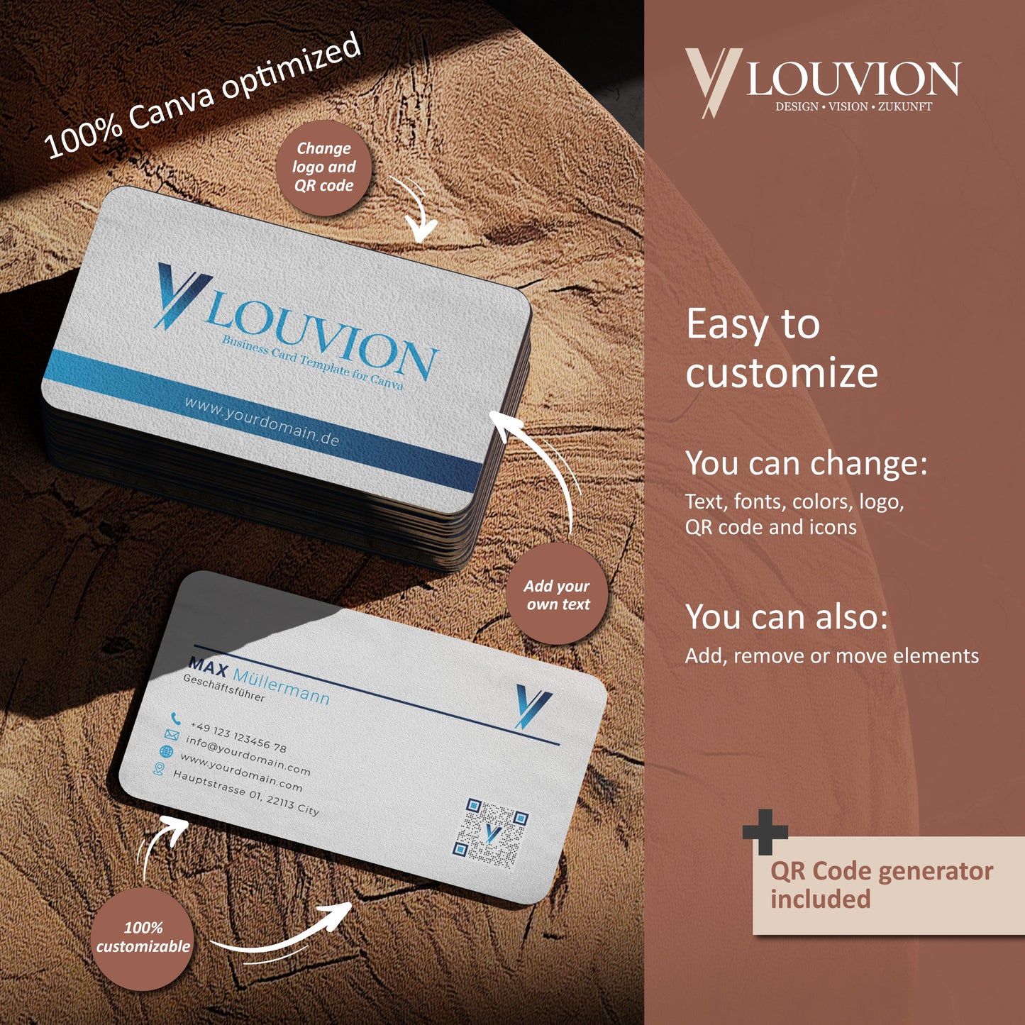 Editierbares Canva Branding Kit für Visitenkarten Design mit anpassbaren Logo Items, Icons und integriertem QR-Code Generator.