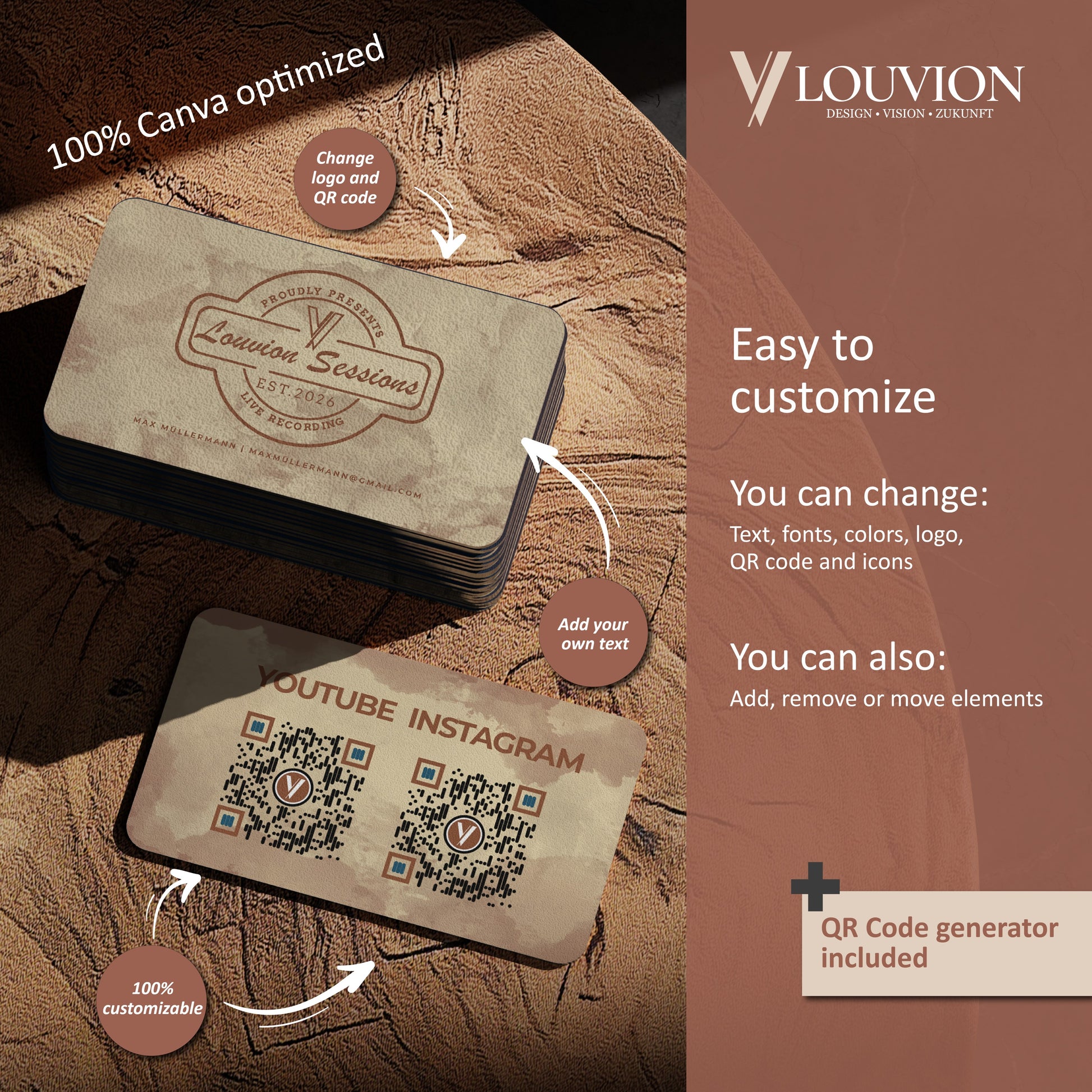 Personalisierte Canva Vorlage für Visitenkarten mit Logo und QR-Code zum einfachen DIY Business Branding und Design.