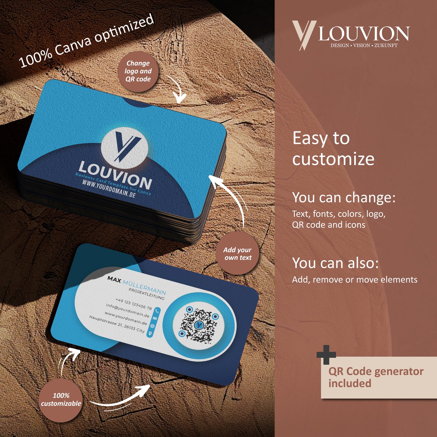 Editierbare Visitenkarten Vorlage für Canva mit QR-Code Generator für ein individuelles Branding Kit Design.