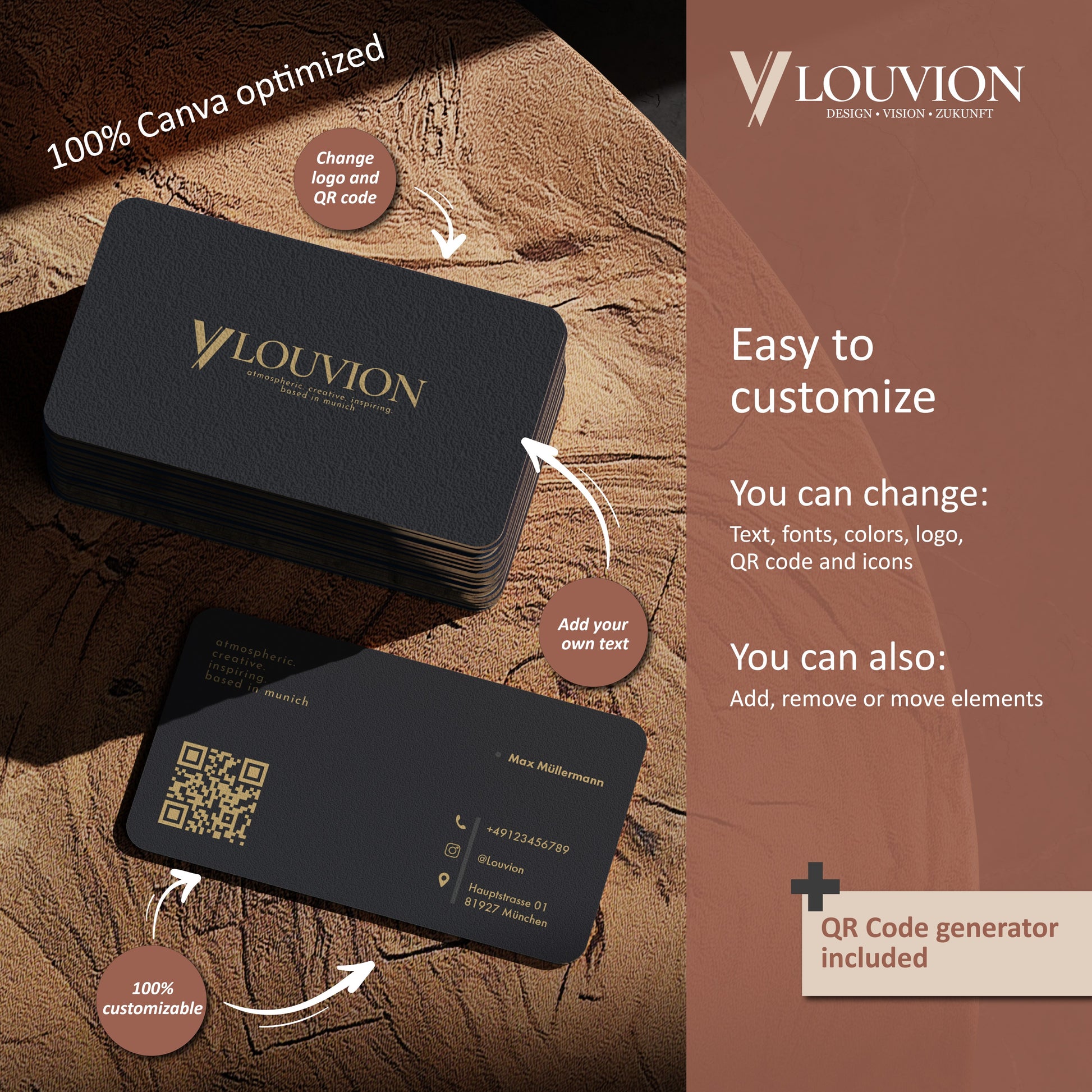 100% Canva-optimierte Visitenkarten Vorlage mit integriertem QR-Code Generator für ein personalisiertes Business Design.